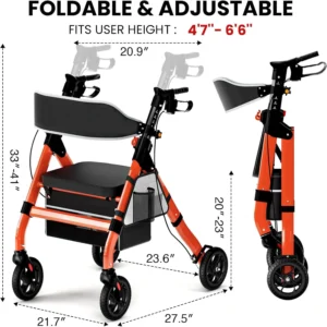 MedicareCoverages™ Foldable Rollator Walker with Seat – 450 lbs Heavy-Duty Aluminum Safety Walker with 8" All-Terrain Wheels