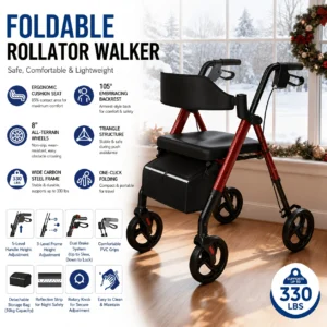 MedicareCoverages™ Foldable Rollator Walker with Seat – Heavy-Duty Aluminum Safety Walker with 8" All-Terrain Wheels